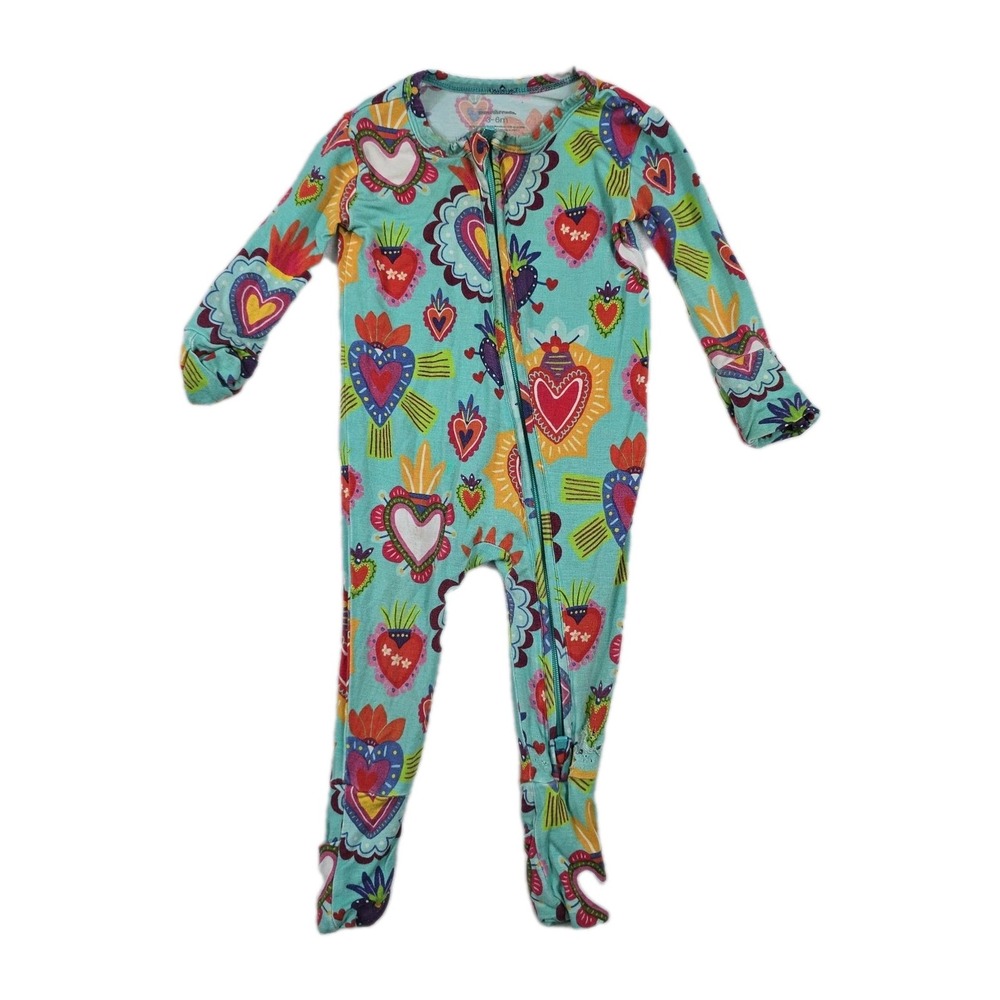 Muse Threads Sacred Hearts Bamboo Viscose Footie Romper 3-6M Teal Red Pajamas